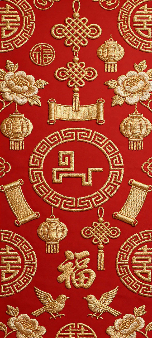参考图1中的标志，与中国结、卷轴、灯笼、牡丹、喜鹊、福字等传统装饰元素规律性的在红色背景上乱序排列重复排布，各元素采用金色中国传统刺绣风格，正红色背景，对称式构图。丝线光泽细腻，针脚纹理清晰，4K超清奢侈品级纹样，传统吉祥元素交织呈现丰富层次感与精致细节。