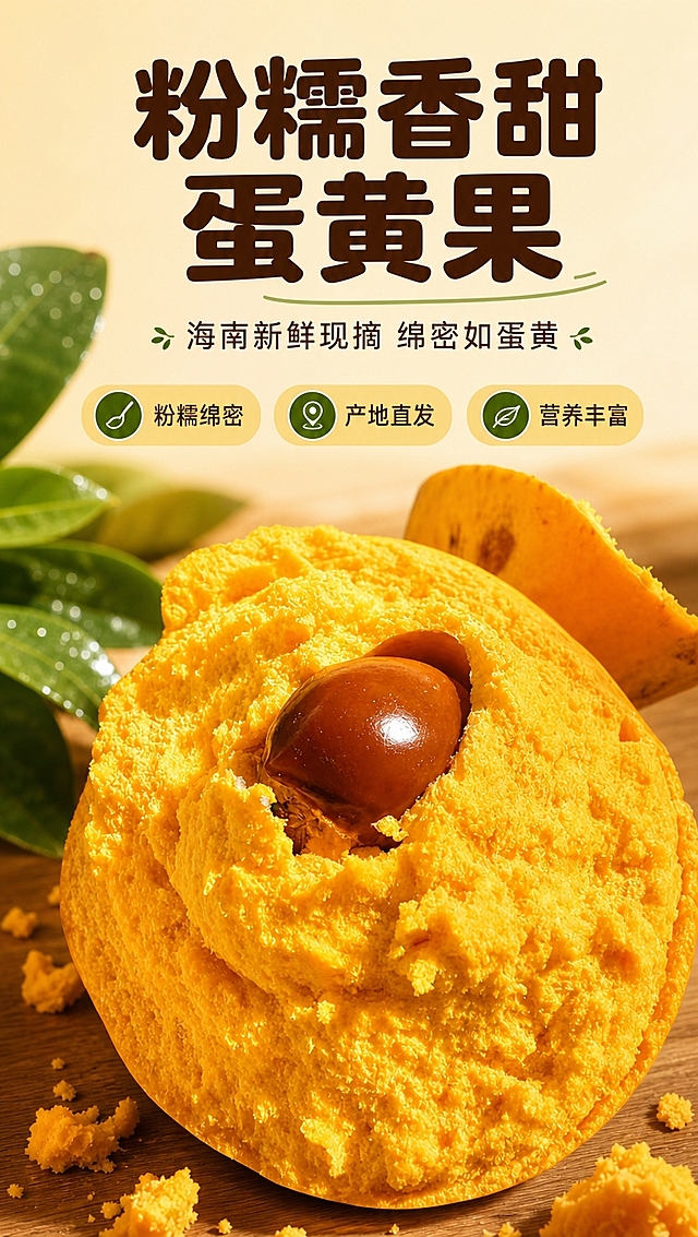 [商品] 使用【图1】蛋黄果切面特写（带核）；保留蛋黄果金黄果肉、粉糯质地、褐色果核、真实结构与颜色；增强果肉绵密颗粒质感，提升果肉金黄饱和度，保持自然真实。
[画面] 目标：食欲氛围头图，突出粉糯香甜核心卖点。构图：上文下图，顶部留白放标题区，下方主体蛋黄果切面占画面65%，前景散落少量果肉碎屑，背景虚化暖木桌面，左侧点缀绿叶装饰，营造自然生鲜食欲感。阅读动线：从上至下，先看标题再看产品。
[视觉] 套系策略：风格=自然清新生鲜摄影风，暖调食欲感；标题字=圆润粗黑体，厚重饱满；正文字=简洁无衬线体；主色=暖金黄（取自果肉颜色）；背景延展=暖木色桌面+浅米黄渐变背景，同色系深浅层级；强调色=深翠绿（仅用于小面积图标、引线、标签）；标题色=深棕褐；正文色=暖深灰；组件=圆角浅黄信息卡、细线引线、圆形卖点icon；光影=左前侧暖自然光，柔和阴影，突出果肉立体感。
[文字] 顶部居中主标题「粉糯香甜 蛋黄果」，副标题「海南新鲜现摘 绵密如蛋黄」；下方横向排列3个卖点icon+短文案：「粉糯绵密」「产地直发」「营养丰富」；文字不遮挡果核与核心果肉区域；所有文字横排。
[规格] 淘宝/天猫详情页，单屏比例9:16竖版，4K分辨率，负向提示：避免变形、错字、文字过小、冷蓝背景、果肉颜色变浅、果核失真、虚假功效宣传、极限词。