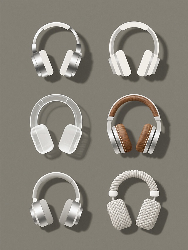 纯色背景上，六个不同造型的耳机元素规整排布形成系列素材集合，每个耳机均保留核心耳机结构但造型各异，分别呈现光滑金属材质、磨砂塑料质感、透明玻璃效果、柔软皮革包裹、木质纹理拼接和针织毛线缠绕的材质特征，整体采用简约扁平化设计风格，线条流畅，色彩统一为单色处理，突出材质差异和造型变化，无任何文字或二维码元素。