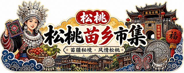 参考图中的国潮插画风格、异形KT板构图和版式，将内容替换为贵州松桃县主题的市集小摊门头异形KT板。整体保持国潮手绘插画风格，异形外轮廓，白底透明背景。左侧加入苗族人物形象（身着苗族银饰盛装、刺绣服饰），手持松桃苗绣或特色农产品；顶部中央红底白字印章式标题写“松桃”；中间大字主标题为“松桃苗乡市集”，书法字体，黑红配色；下方副标题写“苗疆秘境·风情松桃”；右侧融入松桃特色建筑（苗族吊脚楼、寨英古镇风格城楼），挂红灯笼；底部排列苗族吊脚楼建筑群；装饰元素加入苗族银饰纹样、蜡染图案、苗绣花纹、红色灯笼、蓝色祥云、苗族铜鼓、蝴蝶妈妈纹样等贵州苗族文化符号；整体色彩以红、金、蓝、墨色为主，浓郁地方民族特色，协调统一，适合市集小摊门头异形KT板使用