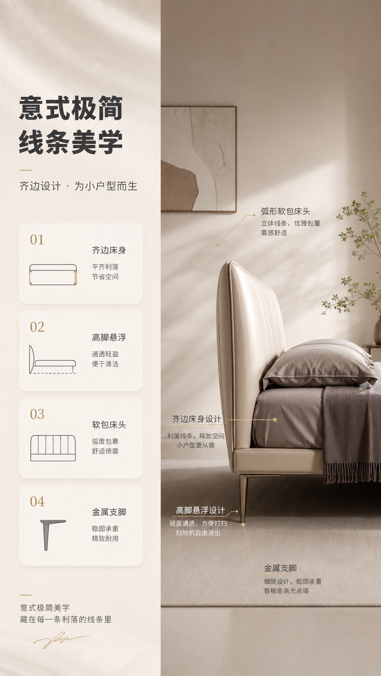 [商品] 使用【图1】S系列天空高脚齐边皮艺床；保留床头软包弧… - 图片创意预览