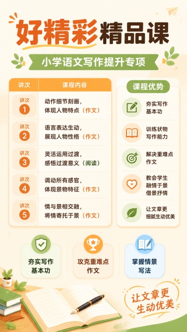 简约专业教育宣传海报，主题为小学语文写作精品课。画面顶部主标题文字"好精彩精品课"，副标题文字"小学语文写作提升专项"，画面中间清晰展示课程表：讲次1动作细节刻画，体现人物特点（作文），讲次2语言表达预览效果