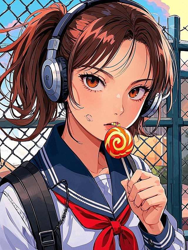 赛璐璐风格，二次元，动漫，复古漫画，日系叛逆少女，深棕色马尾飘逸，头戴式耳机，嘴里咬着一根棒棒糖，jk套装，背景是院子栅栏