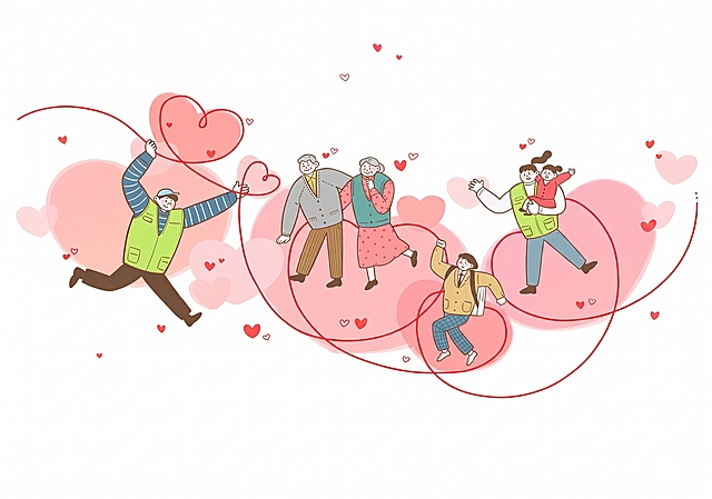 将这幅插画转换为高清矢量平面设计图，保留原有家庭爱心元素和插画风格，提升清晰度和矢量质感