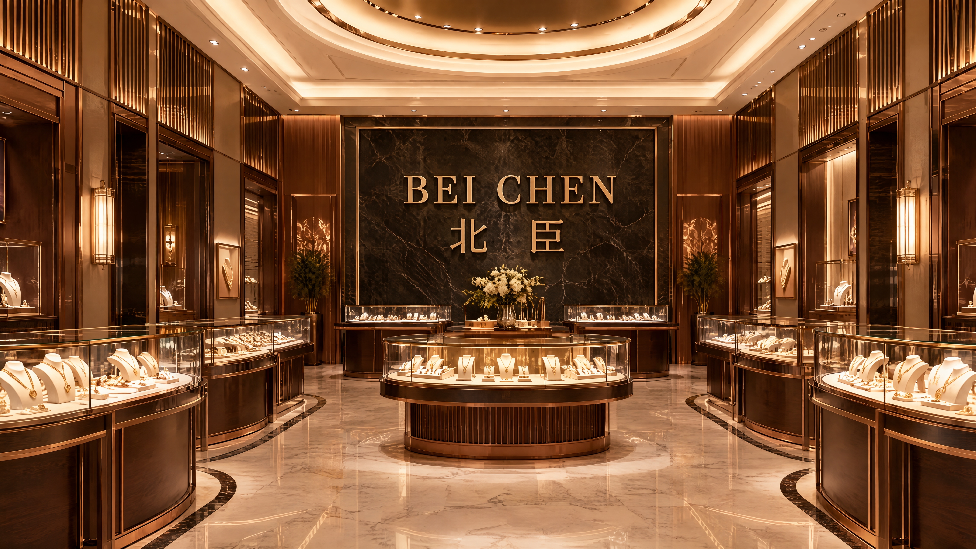 抖音店铺主页背景图，参考周大福风格的高档黄金饰品展厅内部，高级… - 图片创意预览