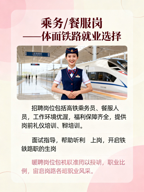 乘务/餐服岗位介绍宣传页，标题"乘务/餐服岗——体面铁路就业选择"，上方放置高铁乘务员形象图片，下方文字介绍："招聘岗位包括高铁乘务员、餐服人员，工作环境优渥，福利保障齐全，提供岗前礼仪培训、面试指导预览效果