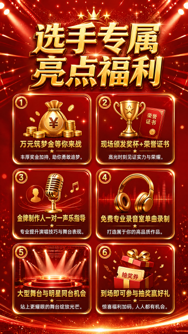 [第4屏] 选手专属福利亮点展示页。[氛围/风格] 延续红金大气风格，突出福利价值，喜庆吸引人，整体视觉统一。[元素布局] 顶部大标题，分两列排列六项选手专属福利，每个福利卡片用金色边框装饰，搭配图标预览效果