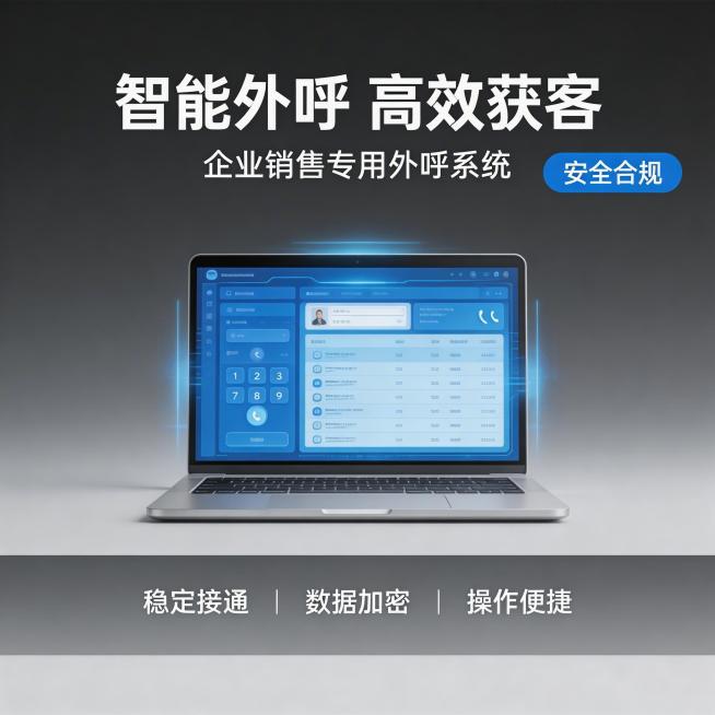 [主图主题] 企业外呼软件电商主图
[氛围/风格] 现代科技商务风格，专业简洁，科技感十足
[画面元素] 一台打开的笔记本电脑居中放置，屏幕显示企业外呼系统软件界面，蓝色科技光效围绕界面周围，背景为纯预览效果