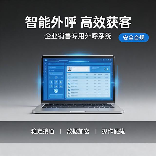 [主图主题] 企业外呼软件电商主图
[氛围/风格] 现代科技商务风格，专业简洁，科技感十足
[画面元素] 一台打开的笔记本电脑居中放置，屏幕显示企业外呼系统软件界面，蓝色科技光效围绕界面周围，背景为纯净深灰渐变色，整体干净简洁，背景铺满全屏无边框，主体占比约60%，突出产品定位
[配色色系] 主色调：深蓝色，科技蓝；辅助色：浅灰色、白色
[视角构图] 平视角度，居中构图，景深较浅
[文字版式] 主标题 " 智能外呼 高效获客 "，副标题 " 企业销售专用外呼系统 "，右上角蓝底白字标签 " 安全合规 "；底部三列卖点 " 稳定接通 | 数据加密 | 操作便捷 "，字体为无衬线体，白色。主标题位于画面上方居中位置，副标题位于主标题下方，卖点文字放置在底部半透明渐变蒙层上，从左至右排列，整体构图平衡，层次清晰，重点突出。