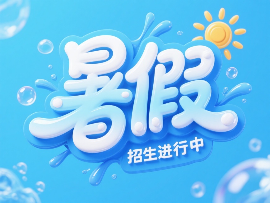 暑假班招生进行中，蓝色渐变立体艺术字，手写体风格，活泼圆润笔画，白色高光点缀，周围环绕蓝色水花、气泡、太阳光芒装饰元素，整体明快清爽，充满夏日活力氛围，突出“暑假”主题，视觉层级清晰，信息传达高效，适合学生及家长的暑期培训宣传。预览效果