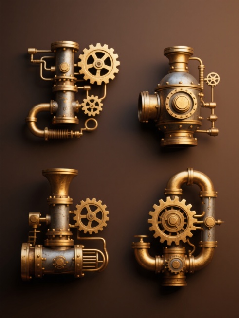 纯色背景，蒸汽朋克风格系列素材集合，四个完全不同造型的蒸汽元素规整排布。每个元素具有金属质感的齿轮、管道和机械结构，搭配复古黄铜色与深棕色的配色，细节丰富的机械纹理，统一的光影效果，营造出工业时代的复古氛围，整体设计感强，视觉层级清晰，信息传达效率高。预览效果