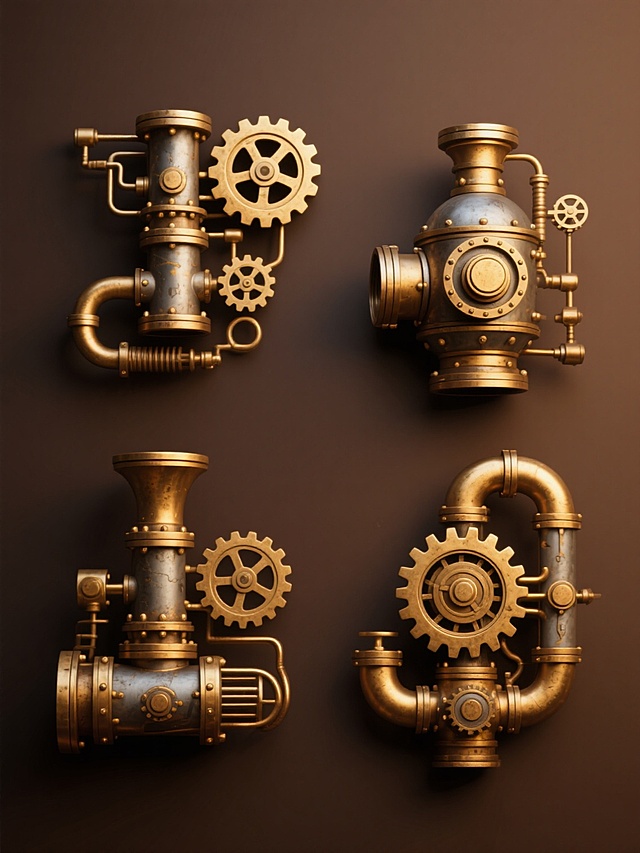 纯色背景，蒸汽朋克风格系列素材集合，四个完全不同造型的蒸汽元素规整排布。每个元素具有金属质感的齿轮、管道和机械结构，搭配复古黄铜色与深棕色的配色，细节丰富的机械纹理，统一的光影效果，营造出工业时代的复古氛围，整体设计感强，视觉层级清晰，信息传达效率高。