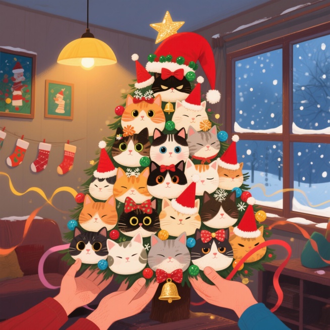 艺术类型：色彩缤纷且生动的插画
主体：由形态各异、花色多样的中华田园猫猫头紧密排列构成圣诞树的形状。每只猫头都戴着风格各异的圣诞小帽子，有的是俏皮的红色尖顶帽，有的是缀着绒球的绿色帽子，还有的帽子上有预览效果