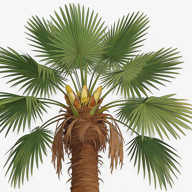 再次严格参考6张实拍图重新生成：保留完整棕榈树结构，树干全部覆盖浓密蓬松的棕褐色老叶残留棕皮，树冠处保留干枯下垂的老叶，叶丛基部正确长出数个带苞片的黄色棕榈花苞，叶片自然错落不规整，完全匹配实拍图的真实生长形态，简约矢量风格，纯白色背景