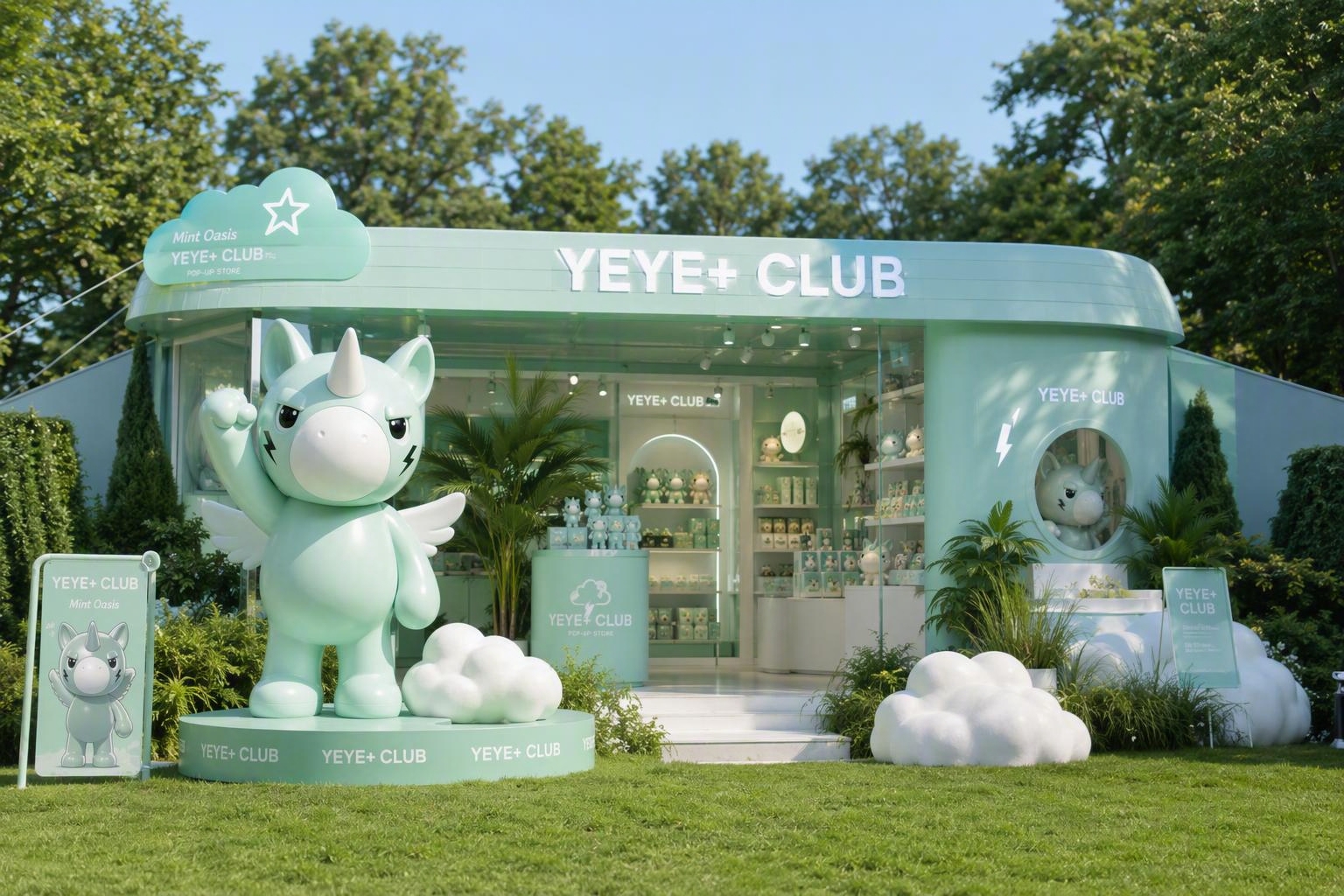 参考图中的YEYE+独角兽潮玩IP形象，设计一款小型户外快闪店… - 图片创意预览