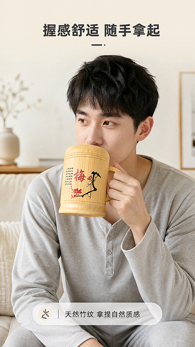 [第6屏] 人物使用-真人手持竹水杯真实使用展示。本屏使用【图1】作为产品主体。
[氛围/风格] 真实生活化场景，自然温馨，亚洲年轻人使用场景，真实有代入感，实拍质感。
[元素布局] 画面展示年轻人腰部以上，左手持握竹水杯【图1】把手，竹水杯置于身体前方偏右位置，人物穿着简约家居服，背景为干净客厅沙发背景。保持竹水杯原有结构颜色纹理雕刻文字不变，人物动作自然，像是正要喝水。
[光影质感] 柔和室内自然光，从左侧照射，人物和产品阴影自然，整体画面明亮通透，产品纹理清晰。
[配色色系] 全局底色：#EEEAD9（浅暖居家）；主体产品保持原有竹黄红黑配色，人物浅灰色家居服，文字#333333。
[视角构图] 中景构图，人物和产品占据画面中心位置，顶部预留标题区域，背景虚化突出主体产品。
[文字版式] 顶部主标题「握感舒适 随手拿起」，加粗居中。底部标注「天然竹纹 拿捏自然质感」，浅色信息条，文字清晰。
[比例分辨率] 9:16竖版比例，4K分辨率，文字清晰可辨，超高清。
[负向提示词] 产品变形，人物手部结构错误，文字遮挡主体，颜色偏差，背景杂乱。