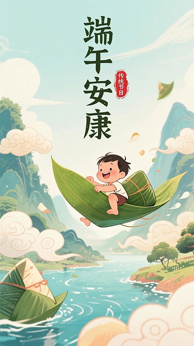 主标题为“端午安康”，旁边红色小印章装饰，印章内容为“传统节日”，厚涂国风插画，主视觉为粽子和小孩乘着粽叶飞向镜头，周围云朵漂浮，背景是山川河流，整体营造一种欢乐、喜庆的节日氛围，杰作，高清