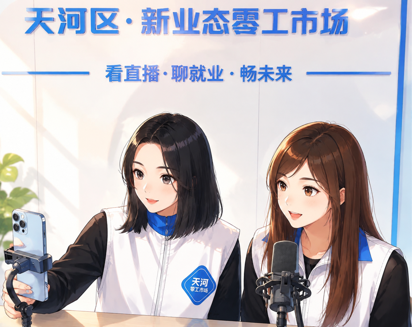 将这张图片转换为日系动漫风格场景，保留两位女生的人物特征和直播… - 图片创意预览