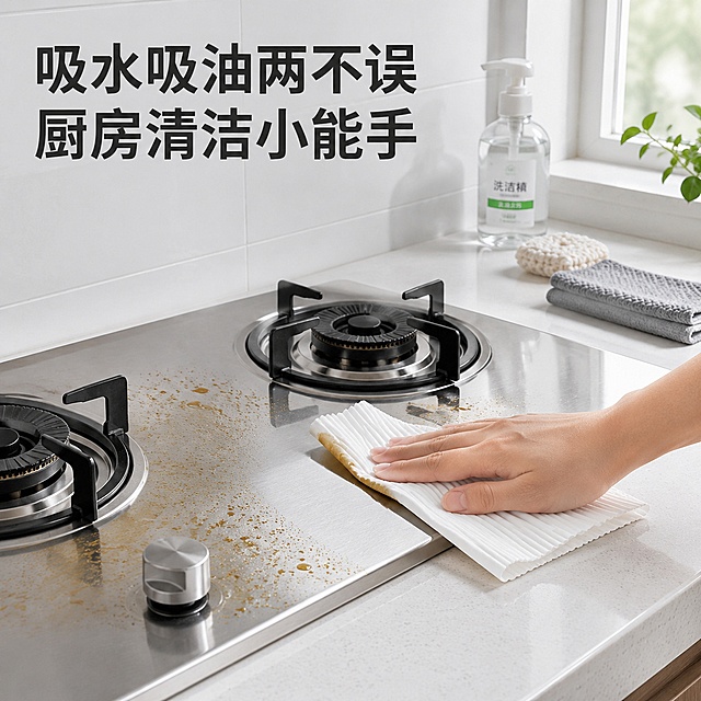 [主图-9] 厨房清洁场景图，展示吸水纸吸油清洁的使用效果。氛围风格：干净整洁厨房场景，真实生活化。画质：明亮自然光，真实清新。元素：干净厨房灶台台面上，用本款吸水纸擦拭灶台残留油污，吸水纸吸走油污后灶台洁净干爽，周围搭配清洁布和洗洁精瓶做简单点缀，保持吸水纸外观材质和输入一致，场景自然真实，不杂乱。光影：厨房窗边柔和自然光，通透干净，突出清洁前后对比效果。配色：浅灰色不锈钢灶台，白色瓷砖墙面，白色吸水纸，色彩干净清新。视角构图：平视场景构图，擦拭动作自然，主体突出。文字版式：左上角大字文案 "吸水吸油两不误 厨房清洁小能手"，深色粗体，不遮挡主体动作。输出要求：1:1 比例，文字清晰，超高清，宽度 2048 高度 2048。负向提示词：变形，文字错乱，产品图模糊，背景杂乱，水印，电商平台Logo。