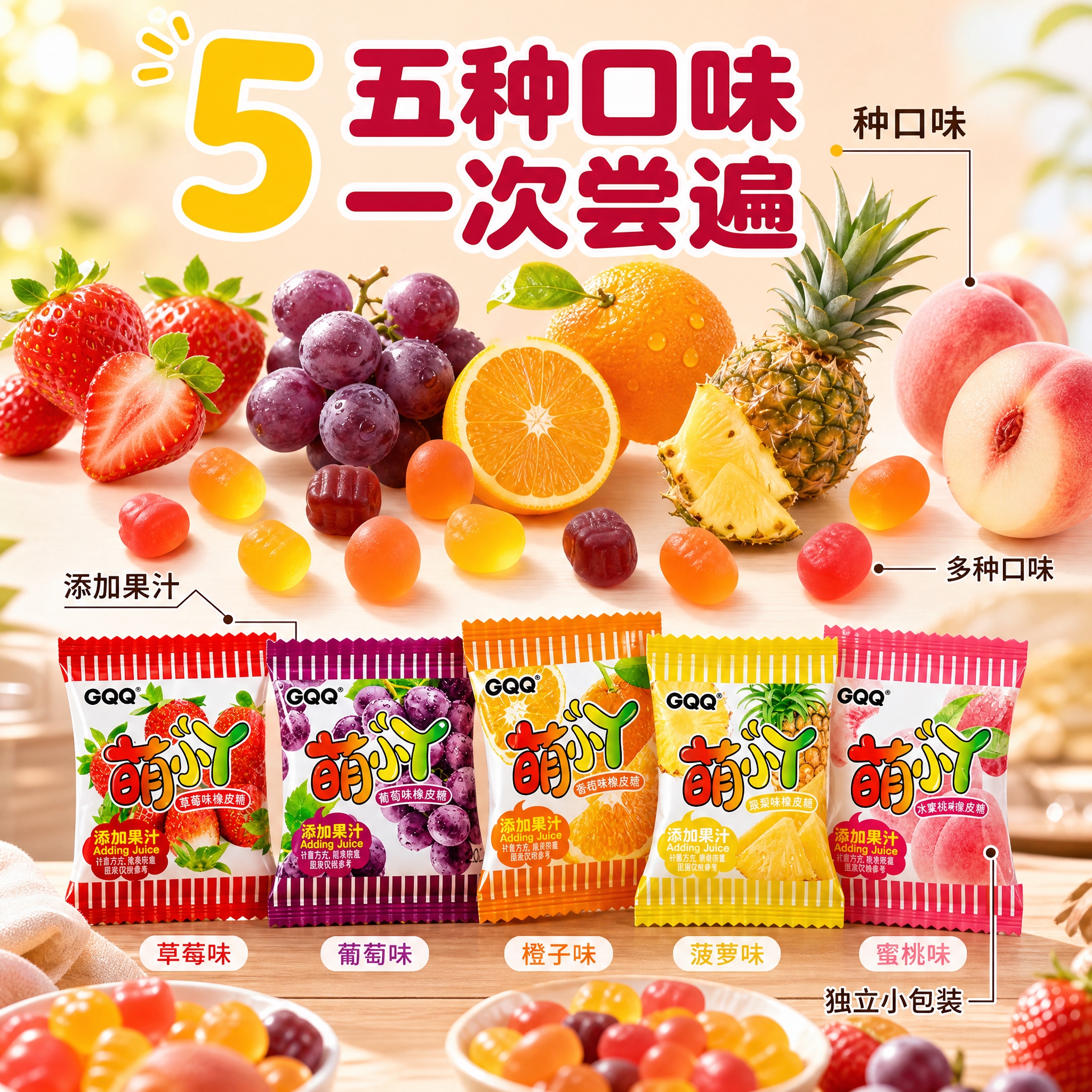 [主图-2] GQQ萌丫果汁软糖 口味与原料图，唯一任务：用五… - 图片创意预览