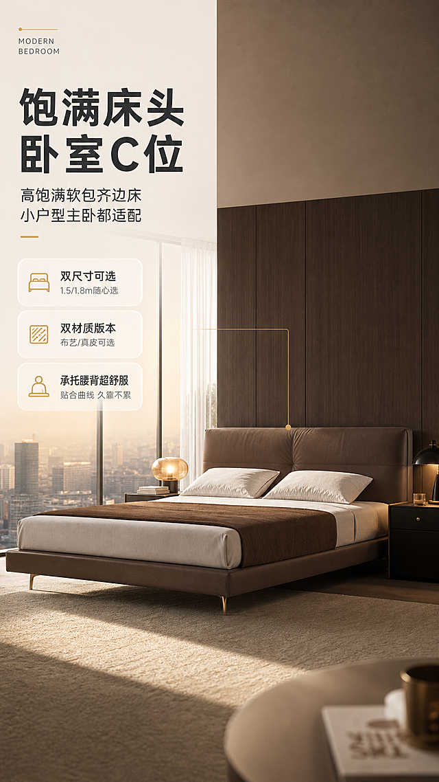 [商品] 使用【图1】现代简约高饱满软包齐边床；保留床头高饱满软包结构、宽屏齐边设计、深咖色布艺/真皮质感、低矮床身、金属细脚、整体比例和颜色；修复画面清晰度，增强软包缝线与面料纹理质感，不改变床的结构和颜色。
[画面] 目标：头图海报，突出饱满床头与卧室氛围感C位。构图：左文右景，左侧约1/3竖列文案区，右侧大场景卧室。主体：床位于画面右侧C位，占画面约60%，微仰视角度，床头饱满软包为视觉焦点。前中后景：前景浅米色地毯+边几一角，中景床+床头柜+台灯，后景落地窗+城市天际线+纱帘。场景：现代轻奢主卧，午后暖自然光从落地窗洒入，氛围温馨高级。
[视觉] 套系策略：风格=现代轻奢高级家居商业摄影；标题字=现代无衬线粗黑体；正文字=简洁无衬线体；主色=暖白+浅咖；背景延展=基于暖白浅咖做深浅层级、同色渐变和细腻织物/木饰面质感；强调色=暖金色，仅用于小面积图标、引线和标签；标题色=深炭灰；正文色=中暖灰；组件=圆角浅底信息卡、细线引线、金色点缀；光影=左前侧暖柔光，柔和自然阴影。
[文字] 左侧竖列文案区：主标题"饱满床头 卧室C位"，副标题"高饱满软包齐边床 小户型主卧都适配"，3条亮点"双尺寸可选""双材质版本""承托腰背超舒服"，文字横向排版，层级清晰，不遮挡床主体。
[规格] 图片比例9:16竖版，4K，避免变形、错字、文字过小、冷蓝/蓝灰背景、床颜色改变、结构失真、极限词。