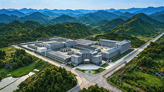 去掉图片中的云雾效果，提升远处山脉的饱和度，让整体画面更清晰，适合画册印刷使用，保留原园区建筑、道路和植被的布局不变