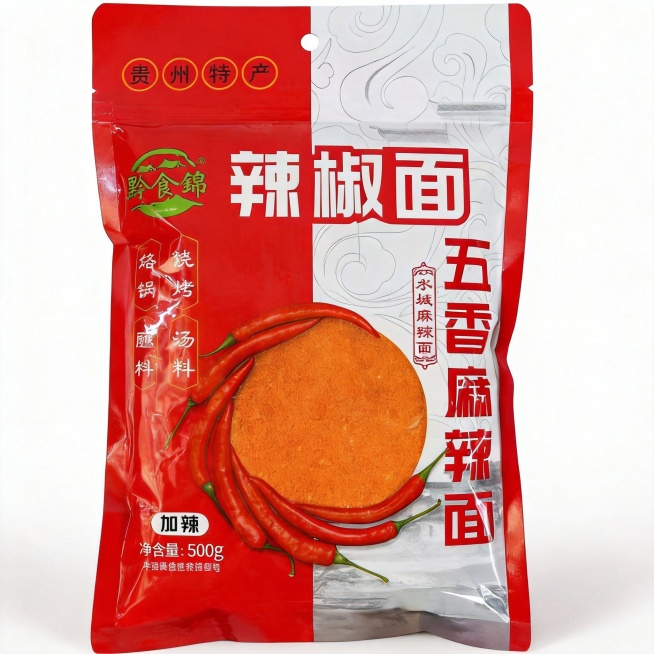 黔食锦辣椒面，突出净含量500g加辣规格，红白色包装，简洁干净电商主图，适配淘宝平台预览效果