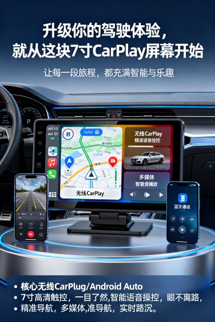 展会海报，画面中心是7寸高清触控车载CarPlay屏幕，屏幕上显示无线CarPlay界面，带有精准导航地图和智能语音操控图标，屏幕旁展示倒车影像画面、多媒体播放界面、蓝牙通话界面，背景是现代化的汽车驾预览效果