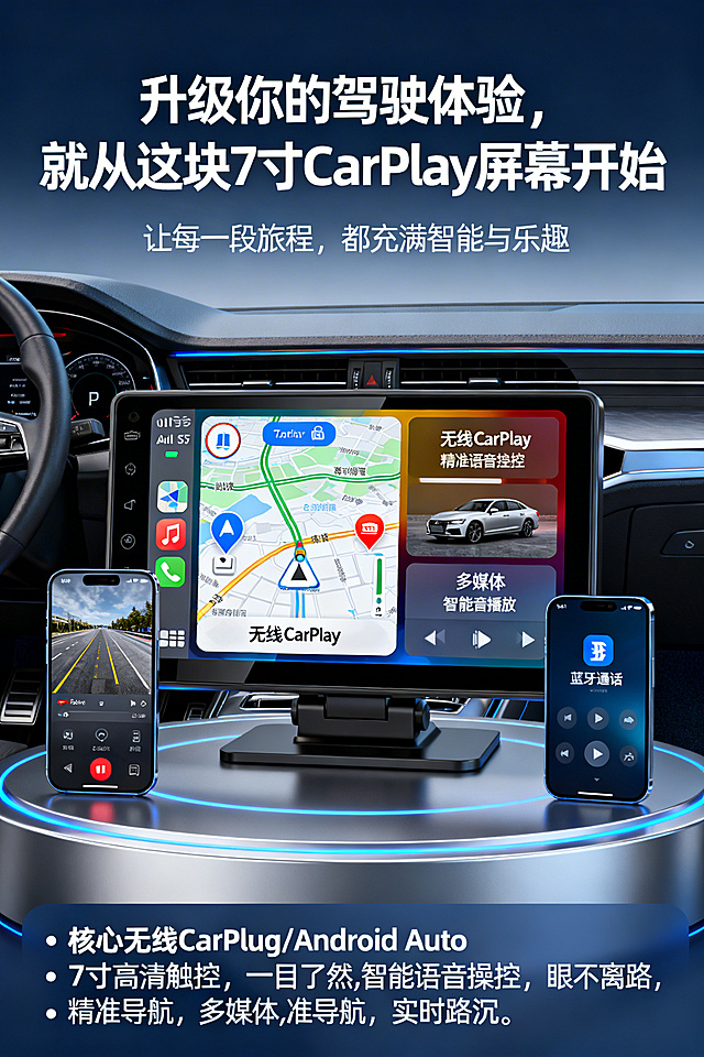 展会海报，画面中心是7寸高清触控车载CarPlay屏幕，屏幕上显示无线CarPlay界面，带有精准导航地图和智能语音操控图标，屏幕旁展示倒车影像画面、多媒体播放界面、蓝牙通话界面，背景是现代化的汽车驾驶舱，顶部醒目大字写着"升级你的驾驶体验，就从这块7寸CarPlay屏幕开始"，下方小字写着"让每一段旅程，都充满智能与乐趣"，侧边标注核心功能："无线CarPlay/Android Auto, 7寸高清触控，一目了然,智能语音操控，眼不离路,精准导航，实时路况,倒车影像,多媒体播放,蓝牙通话"，整体风格科技感十足，色彩以深蓝、银灰为主，搭配醒目的白色文字，视觉冲击力强