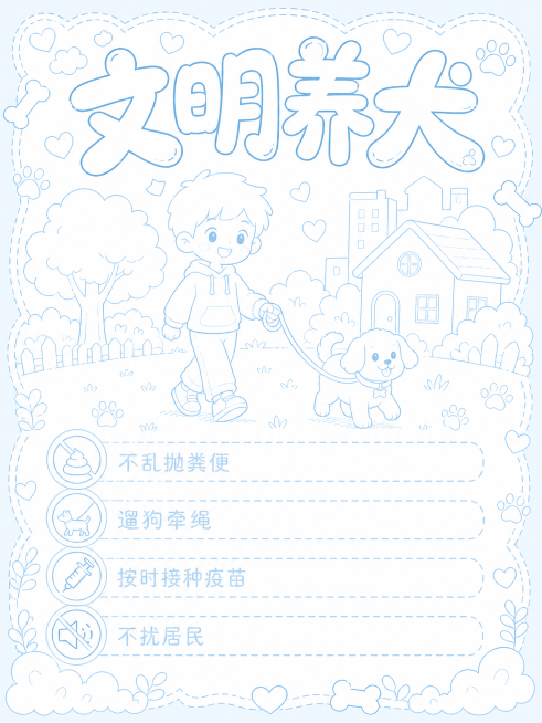 设计一张社区文明养犬宣传海报，用于青少年活动，只打印浅底色轮廓，保留文字和图案的位置让孩子们手绘，风格卡通可爱，布局参考示例图片，标题为"文明养犬"，下方预留出"不乱抛粪便、遛狗牵绳、按时接种疫苗、不预览效果