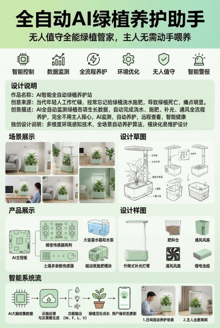 设计一张竖版产品介绍海报，主标题为"全自动AI绿植养护助手"，副标题"无人值守全能绿植管家，主人无需动手喂养"。参照右侧图片格式排版，内容包含作品名称、创意来源、创意描述、设计草图、设计样图、独创设计预览效果