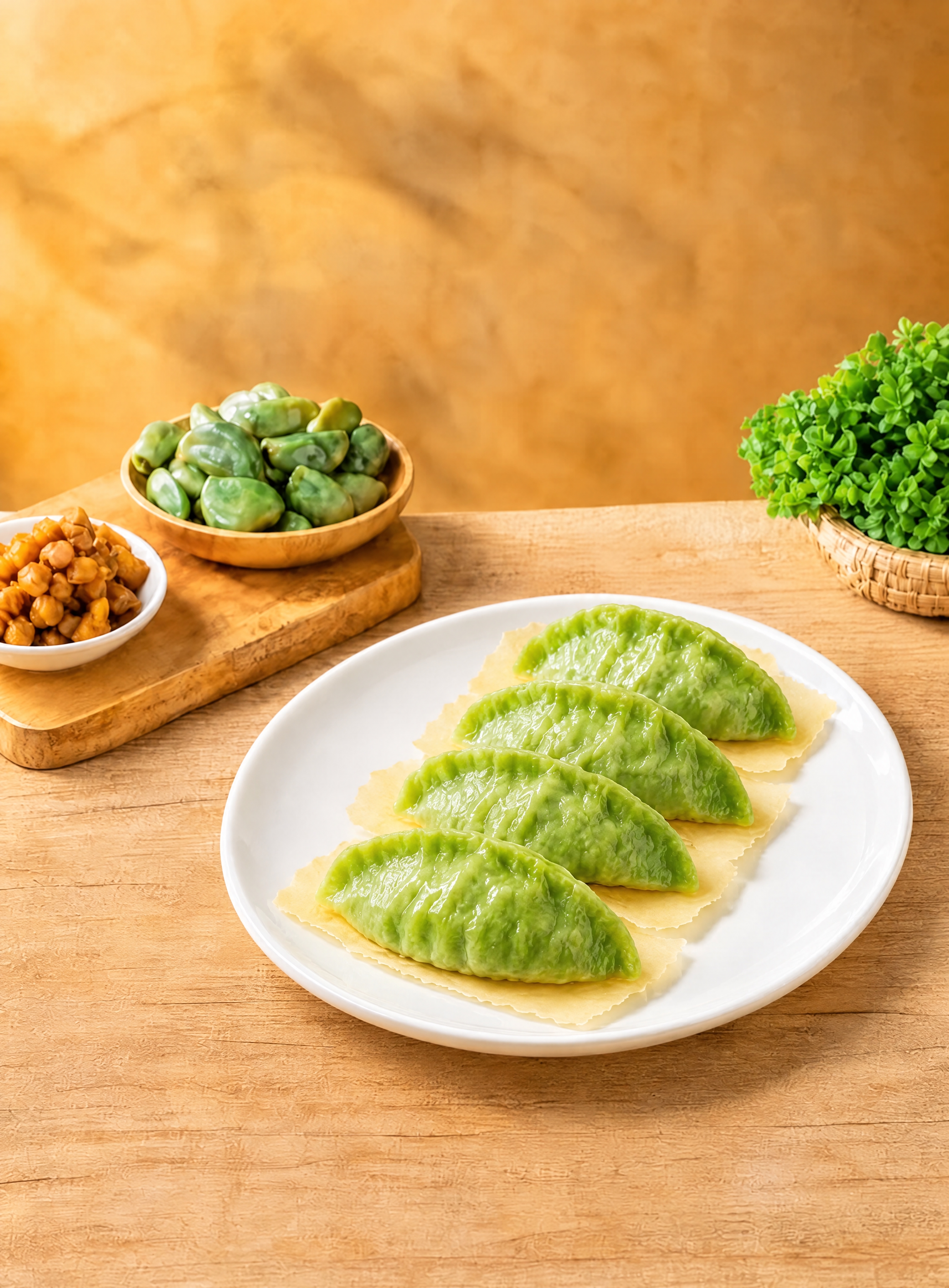 将图片中装锅贴的长方盘改为白色圆盘，盘上锅贴数量改为4个，锅贴… - 图片创意预览
