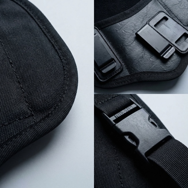 图生图，以输入的黑色战术腰封为原型，保持产品外观与原图完全一致。风格简约硬朗，冷调光影突出面料肌理；腰封局部微距特写，清晰展示耐磨织面、缝线工艺与卡扣材质细节，背景为浅灰色哑光背景；无额外文案，纯图展预览效果