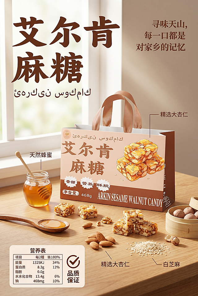 暖调中式复古美食海报，窗边柔和自然光，丁达尔光影，浅棕木质桌面，商业产品摄影，8K超清写实。主题是艾尔肯麻糖，主体换成图片里的手提礼袋样式，散落切块麻糖、杏仁、白芝麻、蜂蜜、木勺、竹蒸笼作为搭配装饰。左上角品牌大字标题"艾尔肯麻糖"+维吾尔文副标题，右上角slogan，配料引线标注，左下角营养成分框，大地暖棕米白配色，干净高级，细节细腻，a4竖版