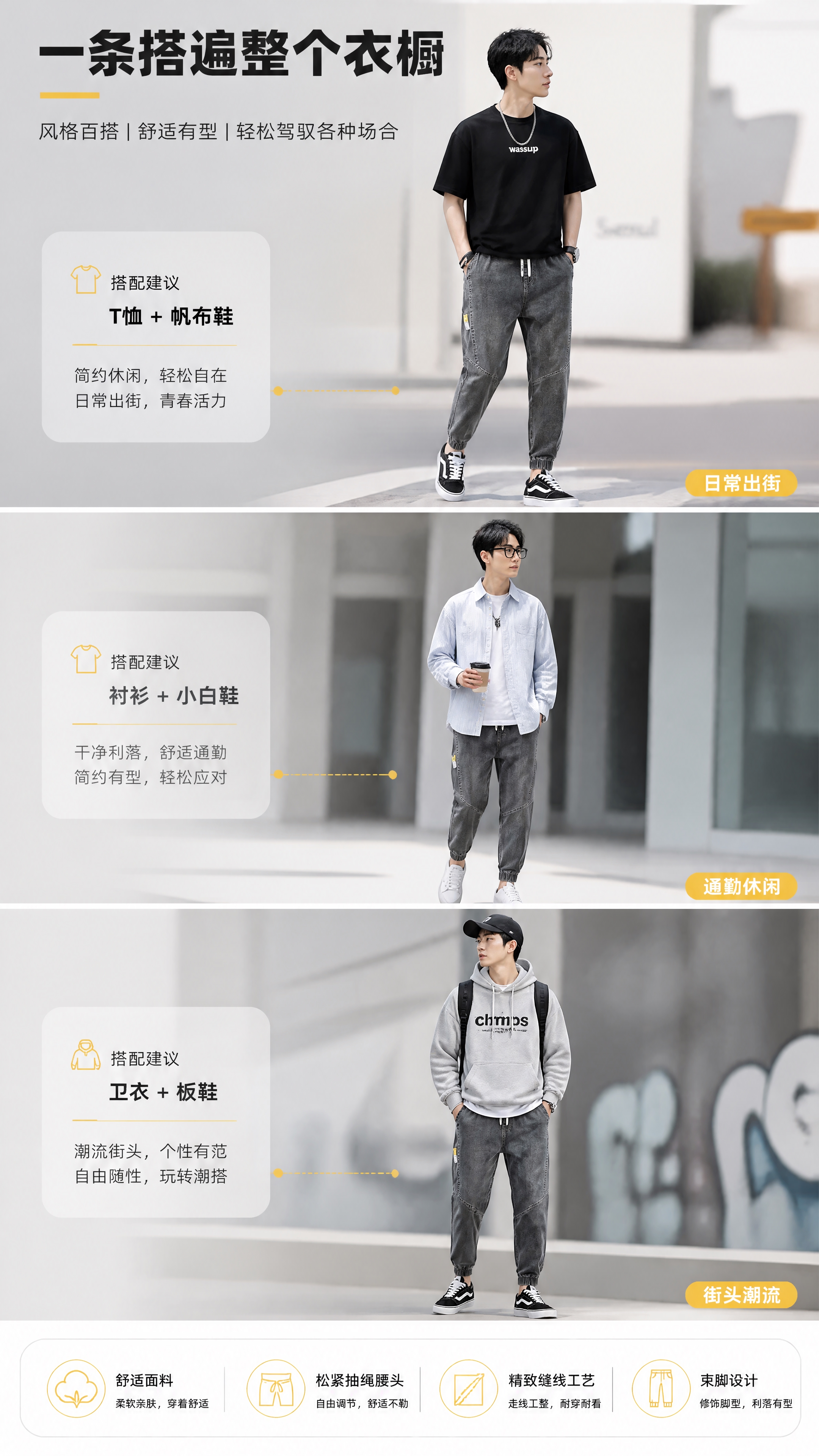 [商品] 使用【图1】男士烟灰色松紧腰束脚牛仔裤；商品处理：保… - 图片创意预览
