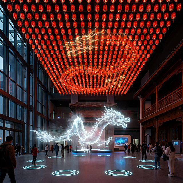 添加游客，保留中国科技馆风格，龙形状幻影成像互动展项，地面有踩踏点，空中悬吊矩阵红灯笼，灯亮形成图案，不出现文字，照片级渲染，远景，超清晰，高分辨率