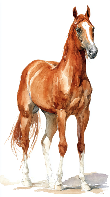 A well-built adult horse, with a clearly defined head, erect ears, bright and lively eyes, a long a预览效果