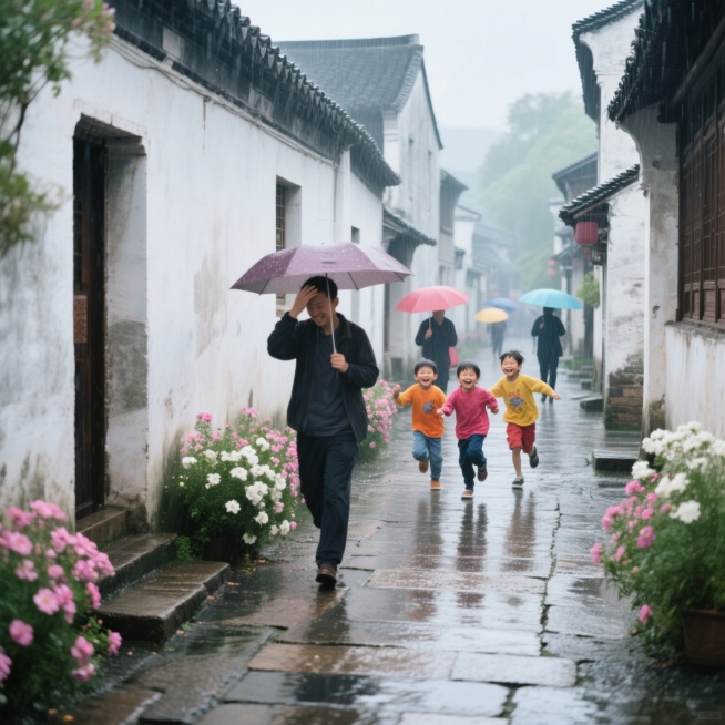 微微细雨中的花巷，青石板路湿润反光，两侧是白墙黛瓦的古朴建筑，墙角盛开着粉色和白色的花朵。匆匆行人有的用手遮头，有的撑起各色雨伞，在巷中快步穿行，神色略显慌张。几个穿着鲜艳衣服的顽童不顾细雨，在巷口追预览效果