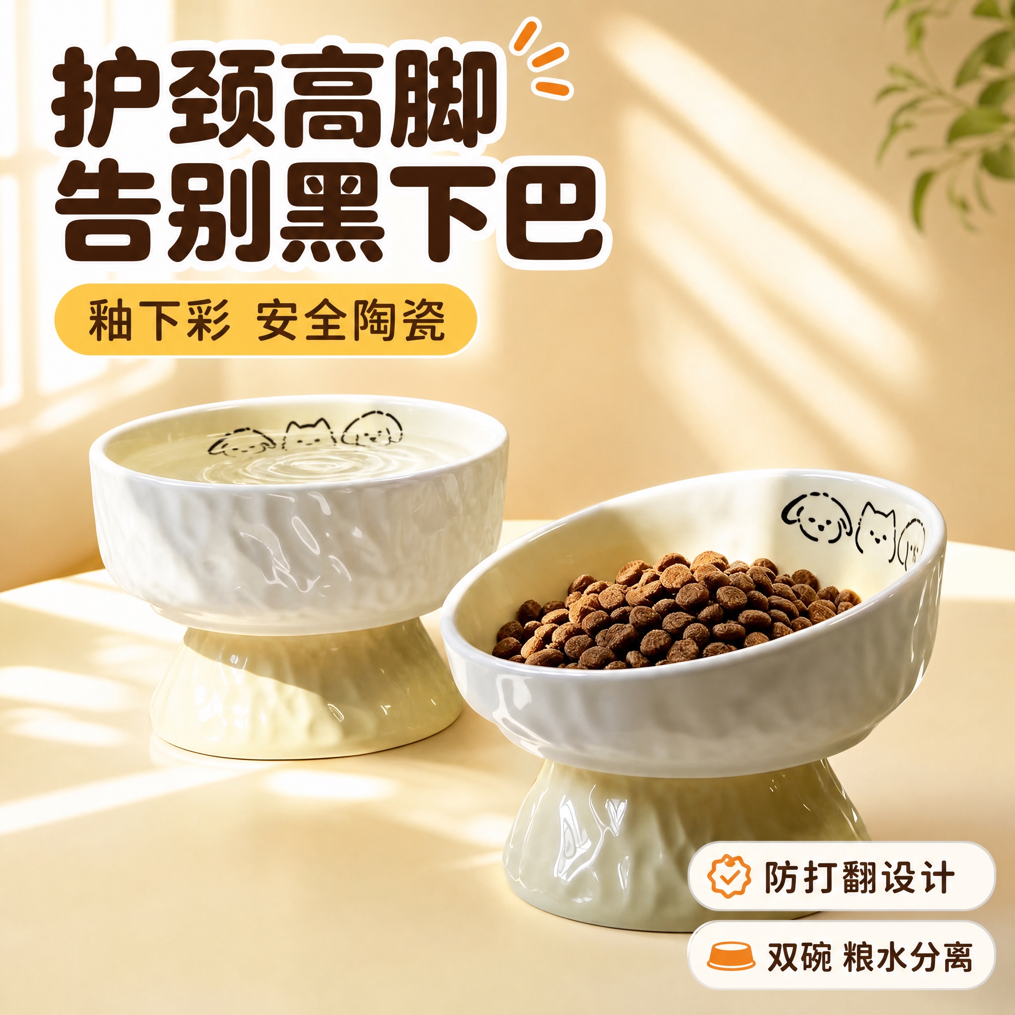 [主图-1] 拼多多宠物陶瓷高脚双碗首图，核心任务：突出护颈高… - 图片创意预览