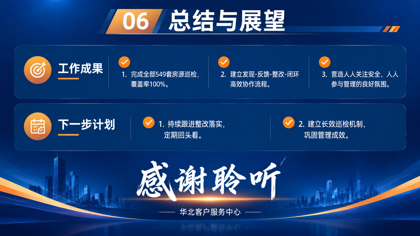 商务简约风格PPT总结页，横版16:9，深蓝渐变背景配暖橙点缀… - 图片创意预览