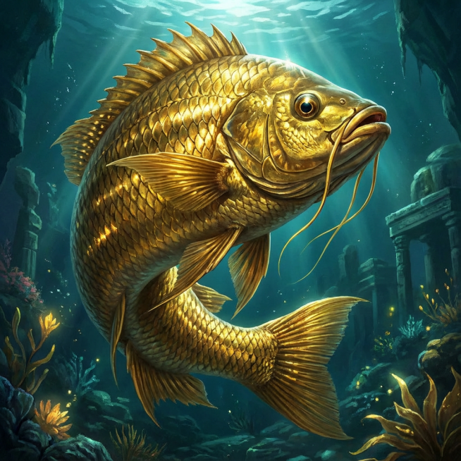 一条黄金斑点罗飞鱼，罗非鱼身覆盖着金色的鳞片，鳞片在光线下闪耀着金属光泽，罗非鱼鳍峥嵘，罗非鱼须飘逸，罗非鱼鳞锋利，姿态威严，仿佛在水中盘旋，充满力量感和神圣感预览效果