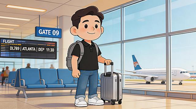 相同漫画风格，同一个面相和善的男士形象，他穿着黑色polo上衣和牛仔长裤，手拉行李箱、背着书包，正在机场候车，保持统一漫画画风，场景明确