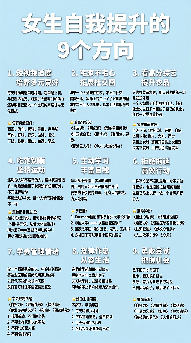 保留所有文字内容和排版布局不变，将背景颜色换成浅淡干净的温柔浅蓝色，更清新明亮的女生喜欢风格，图片原有排版和文字不变