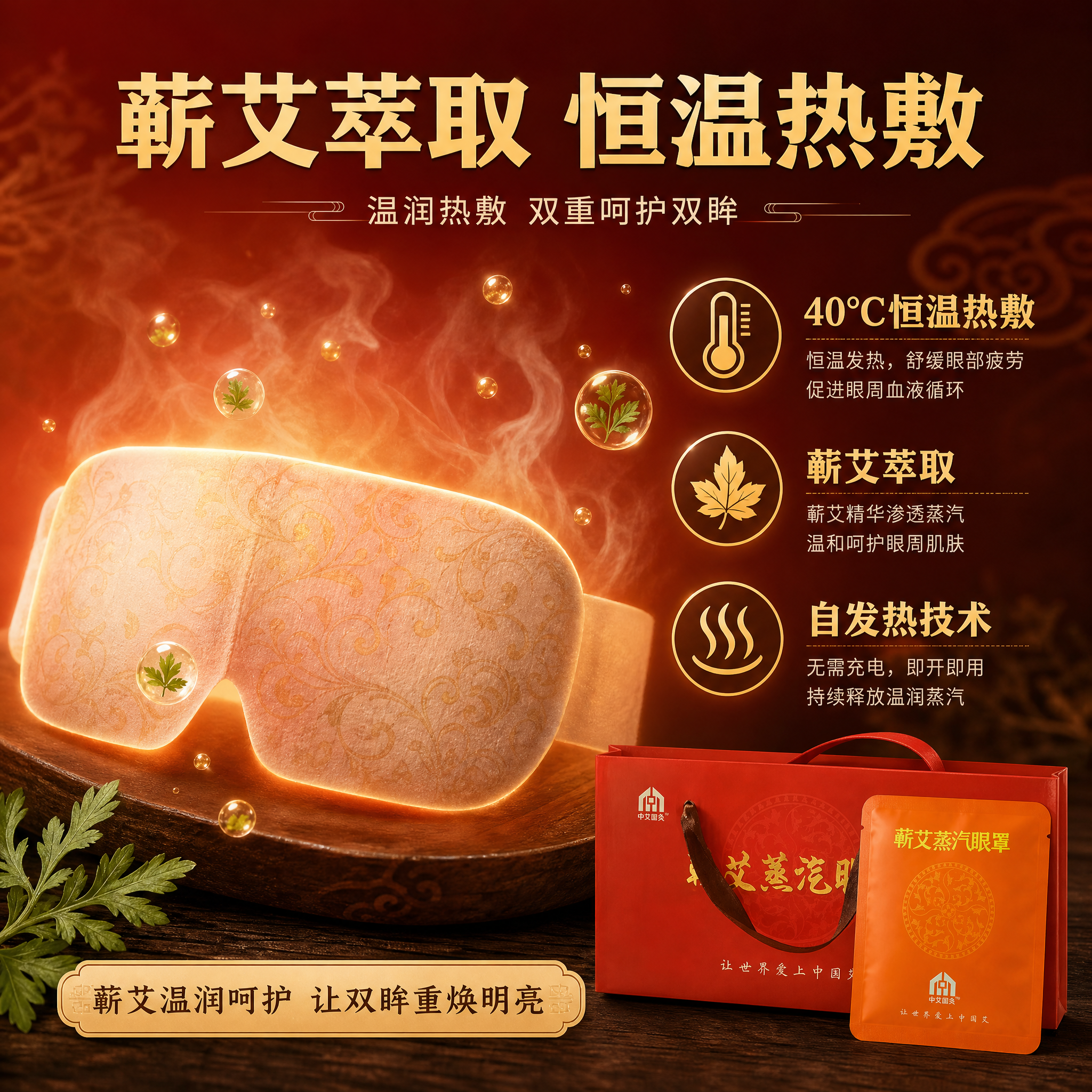 [主图-2] 核心功效卖点图，展示蕲艾蒸汽眼罩的恒温热敷与蕲艾… - 图片创意预览