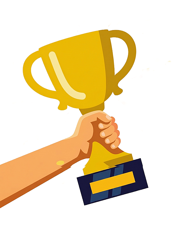 去掉奖杯下方的蓝黄彩带，只保留手和金色奖杯，保持原图的扁平化插画风格，背景保持白色不变，其他元素保留