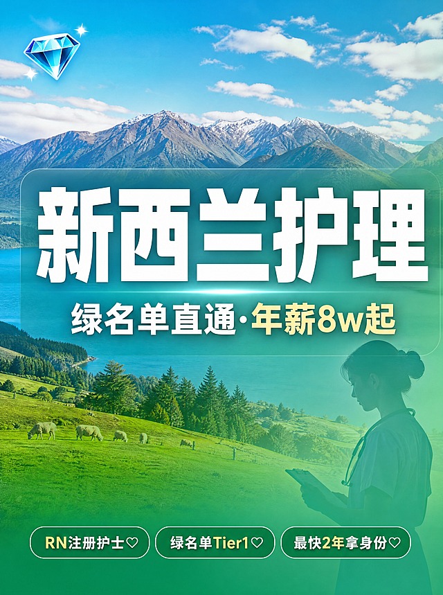 小红书笔记大字封面，配图大字，ins清新杂志风，版式精美，小红书笔记封面质感，适合信息流点击。主标题必须完整呈现且为画面视觉中心，逐字锁定：「新西兰护理」。主标题字号占画面约45%视觉权重，白色加粗扁平粗黑体，清晰可读，不得增删改字。副标题：「绿名单直通·年薪8w起」。装饰短句角标：「RN注册护士」「绿名单Tier1」「最快2年拿身份」。背景：新西兰自然风光实拍（蓝天绿地山脉湖泊）作全屏底图，叠加半透明蓝绿色渐变蒙层（#27AE60渐变），右下角有护士工作剪影（半透明PNG），整体干净高级。标题排版：主标题白色加粗扁平粗黑体，主标题居中偏上位置，副标题在主标题下方，绿色/金色突出关键词。底部三个圆角标签横向排列：「RN注册护士♡」「绿名单Tier1♡」「最快2年拿身份♡」。装饰：左上角1个小钻石emoji贴纸；另加半透明渐变遮罩增强文字底框突出标题；整体层次分明。整体氛围：专业可信、留学干货、新西兰留学护理专业、清新高级感。画质：高清细腻，信息层级清晰，主标题与背景强对比，文字完整处于安全区内不可裁切，四周留安全边距。画面比例3:4，4K。