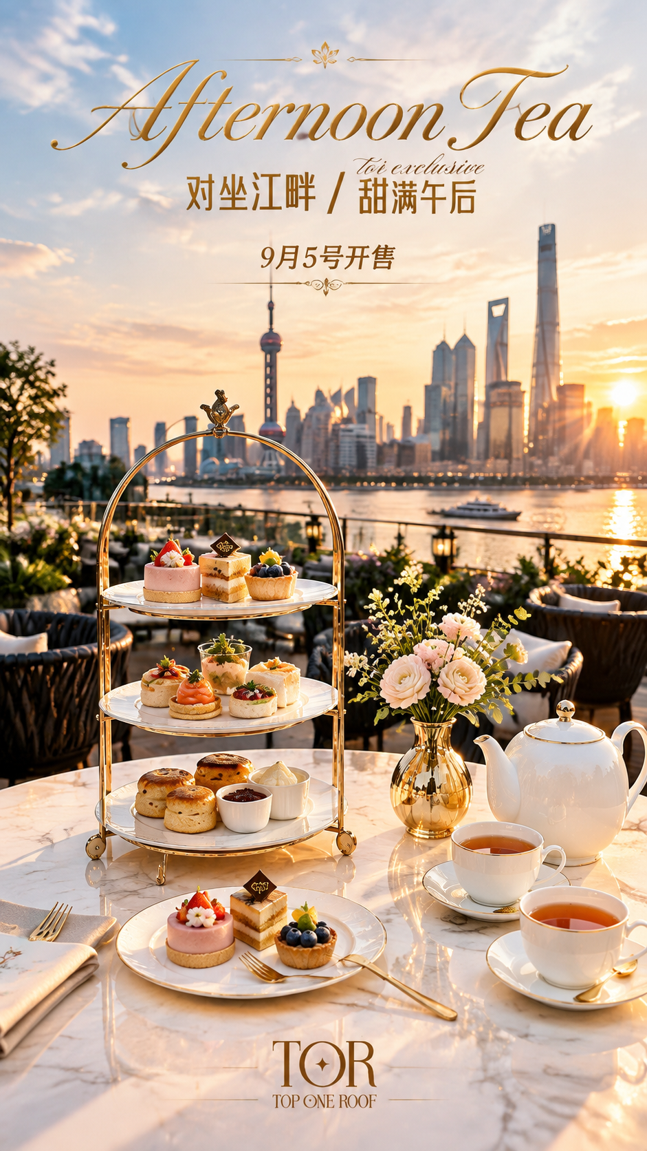 高级商业摄影风格，精致下午茶海报，竖版构图。 主体：三层金色甜… - 图片创意预览