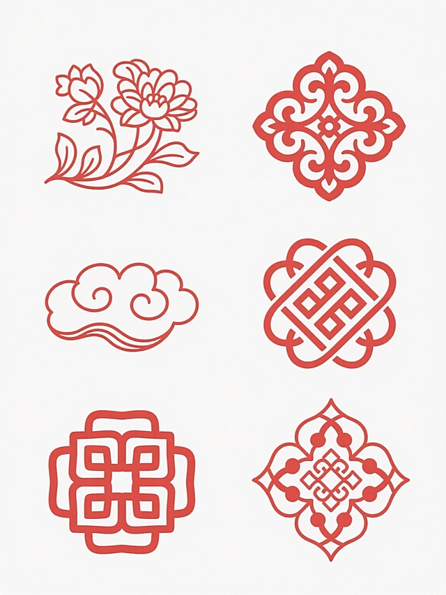 六个不同样式和造型的中式传统花纹图案，采用纯红色线条勾勒，线条流畅细腻，具有典型的中国传统纹样特征，包括花卉纹、云纹、几何纹等，图案在纯白色背景上呈整齐排列，整体风格简洁典雅，具有浓郁的中国传统文化韵味。