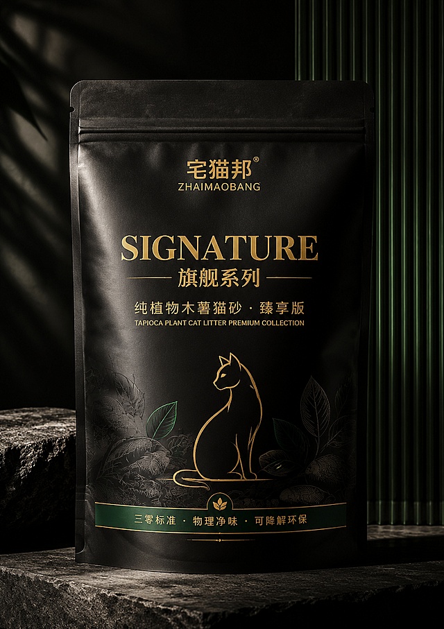 高端奢侈品级猫砂包装袋设计，立袋正面展示，极致高级风格。哑光炭黑色袋身，烫金色文字和森绿色点缀。顶部品牌名"宅猫邦 ZHAIMAOBANG"烫金效果。中间大标题"SIGNATURE 旗舰系列"烫金，下方"纯植物木薯猫砂 · 臻享版"。英文"TAPIOCA PLANT CAT LITTER PREMIUM COLLECTION"。底部有极简几何猫轮廓和木薯纹理暗纹。底部标注"三零标准 · 物理净味 · 可降解环保"。整体奢华低调，黑金质感，产品摄影级别，戏剧性侧光，4K超清