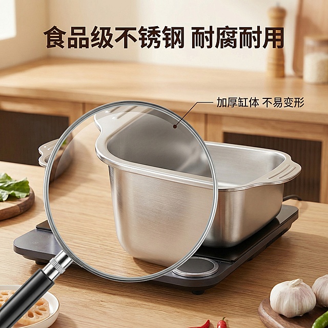 [主图 3] 不锈钢材质细节放大
[氛围/风格] 温馨干净质感风格，柔和自然光漫射
[画面元素] 放大镜效果局部放大烤鱼盘的不锈钢边缘和抛光工艺，展示细腻光滑的不锈钢材质纹理，整体画面在原木厨房场景，保留产品原有外形不变，通过放大镜突出材质厚度和工艺精细度
[配色色系] 主色调：金属银色，原木暖棕色，柔和暖光
[视角构图] 局部特写视角，放大镜框内锐化处理，框外背景虚化，突出材质细节
[文字版式] 顶部大标题“食品级不锈钢 耐腐耐用”粗体深色字，放大镜旁引线标注“加厚缸体 不易变形”，文字简洁不遮挡产品主体，符合平台规范
[比例分辨率] 1:1比例，2k分辨率，保留产品原有外观不变